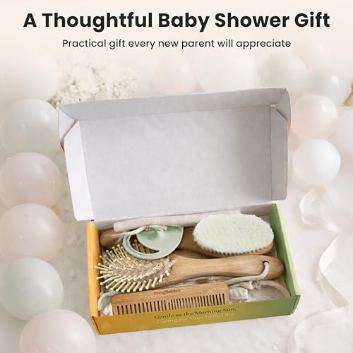 Baby Hair Brush & Comb Set for Newborns - Gentle Goat-Hair & Bamboo Bristle Hairbrushes with Easy Grip Wooden Handles - 5-Pack Baby Brush Set with a Cotton Travel Pouch - Gifts for Boys & Girls - size: Premium Set (5-Piece)