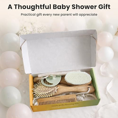 Baby Hair Brush & Comb Set for Newborns - Gentle Goat-Hair & Bamboo Bristle Hairbrushes with Easy Grip Wooden Handles - 5-Pack Baby Brush Set with a Cotton Travel Pouch - Gifts for Boys & Girls - size: Premium Set (5-Piece)