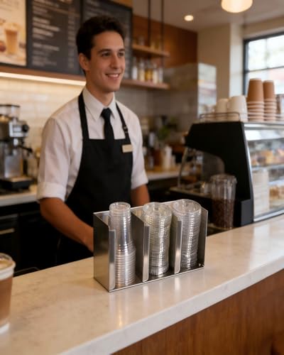 Stainless Steel Cup Dispenser,3 Compartments Cup Holder and Lid Holder with Adjustable Dividers,Cup Organizer for Kitchen Cabinets Cafe Shop Restaurant,Includes Straw Holder - size: 3 Compartments