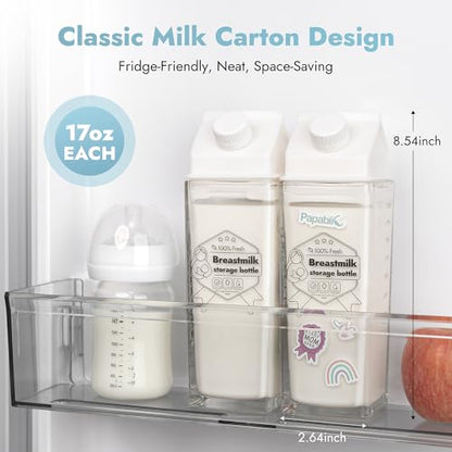 Papablic Glass Breast Milk Pitcher, 17oz 2-Pack Breastmilk Storage Containers for Pitcher Method Feeding, BPA-Free Leakproof Baby Formula & Milk Storage Bottles, Fridge Safe, Includes Cute Stickers