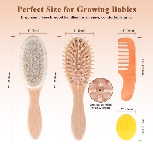 4 Piece Baby Hair Brush and Comb Set for Newborns, Wooden Baby Brush with Soft Natural Goat Bristle, Infant Hair Care Kit Helps Prevent Cradle Cap, Grooming Essentials Gift for Boys and Girls