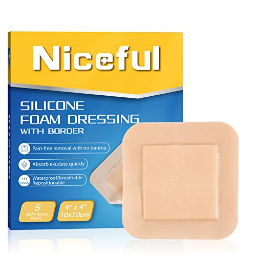 Niceful Silicone Foam Dressing 4"x4", Waterproof Silicone Bandages with Border Adhesive, High Absorbency Bed Sore Bandages Wound Care Dressing (2.5"X2.5" Pad), 5 Packs, FSA HSA Eligible | Bordered Silicone Foam, 5-Layer Exudate Lock, Waterproof Painless R