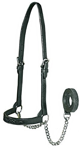 Derby Originals Premium Fancy Stitch Flat Leather Cattle Show Halter – Adjustable Fit with 48" Lead and 14" Chain, Small/Medium/Large – 1-Year Warranty - color: Black, size: Small (350-700lbs)