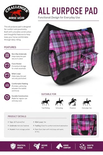 Horse English All-Purpose Neoprene Shock Absorbing Plaid Saddle Pad 72TS29 - color: Pink Plaid