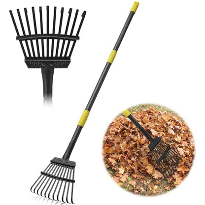 73" Leaf Rake- 11 Metal Tines 8.5" Wide- Small Leaves Rakes for Gardening- Adjustable Metal Leaf Rake for Picking Leaves Yard Women Kids Gardening RV Camping