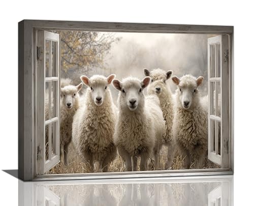 Vintage Sheep Wall Art Farmhouse Sheep Window Pictures Wall Decor Lamb Canvas Prints Painting Framed Artwork Decoration for Living Room Bedroom Bathroom 12”X16” - color: Sheep, size: 16"L x 12"W