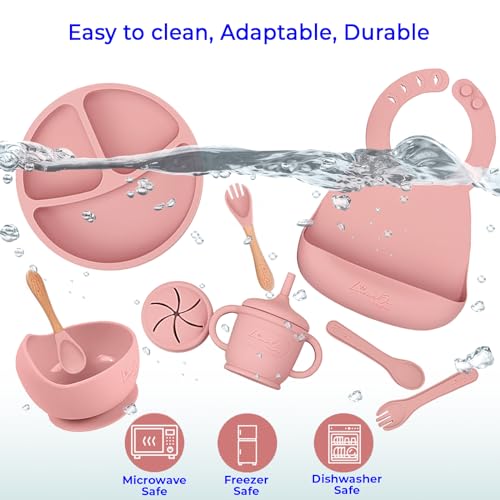 Silicone Baby Feeding Set, Suction Plates Bowls Bibs for Self Feeding –Pink | Baby Led Weaning Supplies, BPA-Free, Toddler Spoons Forks, Extra-Strong Suction, Empower Independence, Easy Clean - color: Pink