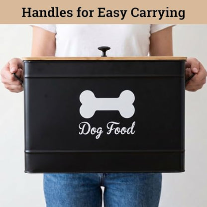 Metal Dog Food Container 15-20 lbs w/ Airtight Bamboo Lid, 70 Cup Capacity - color: Black