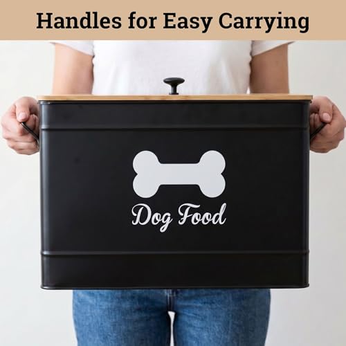 Metal Dog Food Container 15-20 lbs w/ Airtight Bamboo Lid, 70 Cup Capacity - color: Black