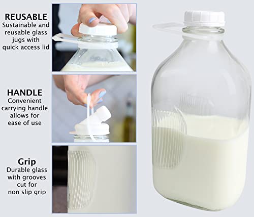 The Dairy Shoppe Heavy Glass Milk Bottles - Extra Lids, Silicone Pour Spouts, Silicone Funnel- Clear Milk Containers - Reusable - Wire Carrier - Made in USA (2 Quart / 2 Cell Carrier Combo) - size: 64 Ounces