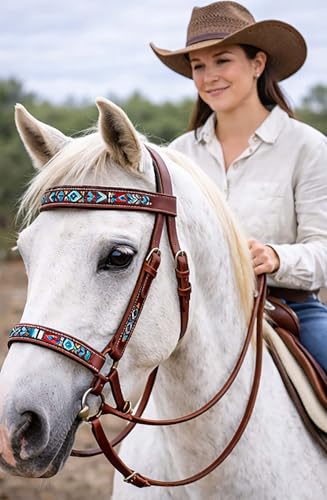 CHALLENGER Horse Western Black Leather Beaded Bitless Padded Sidepull Bridle w/Reins 77RS15 - color: Mahogany/Beaded