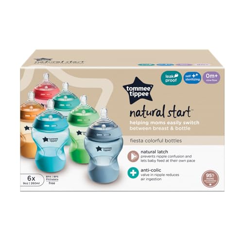 Tommee Tippee Natural Start Baby Bottles, Anti-Colic, 0m+, 9oz | Pack of 6, Slow Flow Breast-Like Nipple, Self-Sterilizing, Seamless Bottle-to-Breast Transition, Fiesta Colors, BPA Free - color: Fiesta