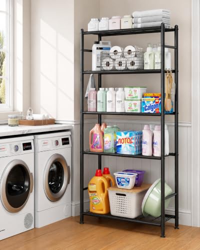 APEXCHASER Metal Storage Shelves 5-Tier, Wire Shelving Unit for Kitchen | Sturdy Metal Wire Frame with Side Hooks, Open Wire Design for Pantry Garage - size: 5-Tier