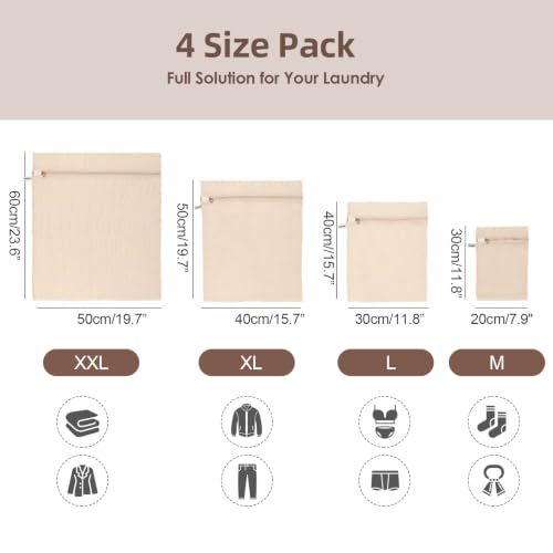 100% Cotton Mesh Laundry Bags, Premium Soft, No Dye, Set of 4, Natural - size: XXL+XL+L+M