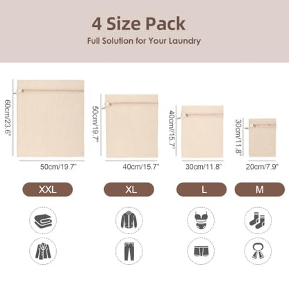100% Cotton Mesh Laundry Bags, Premium Soft, No Dye, Set of 4, Natural - size: XXL+XL+L+M