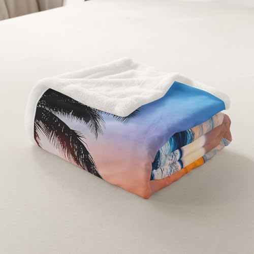 Ocean Wave Fleece Throw Blanket for Bed Sofa Couch Summer Sea Beach Sherpa Blanket Hawaiian Tropical Palm Tree Printed Blanket Soft Women Men Plush Fuzzy Blanket Air ConditionerTwin 60"x80" - color: Multi 10, size: Twin