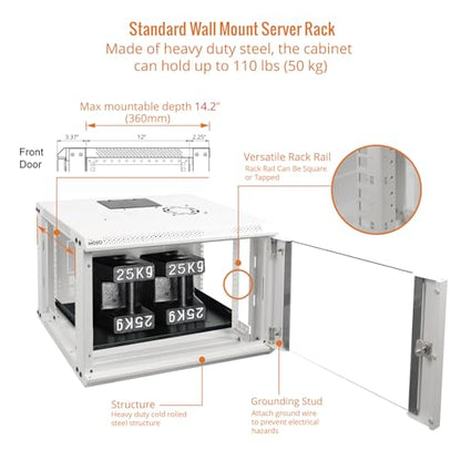 Tecmojo 6U Wall Mount Rack Network Cabinet for 19" IT Equipment,with Lockable Glass Door and Side Panels,Cooling Fan,17.7inch Depth,White - color: White