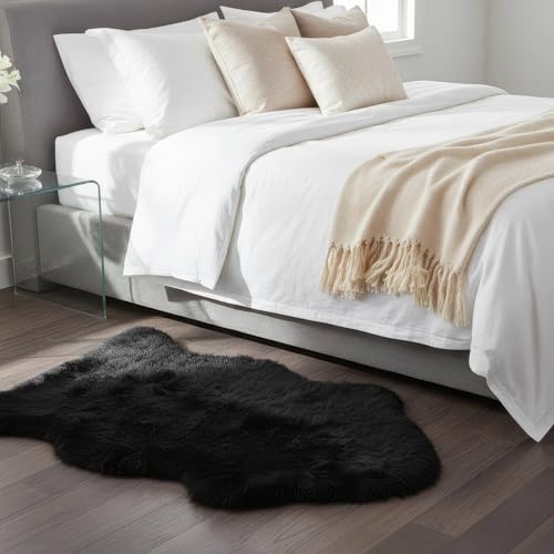 Super Area Rugs Black Sheepskin Rug Genuine Single 2x3ft Pelt Fluffy Fur Seat Cushion and Chair Cover - color: Dark Black, size: 2' x 3' (Natural)
