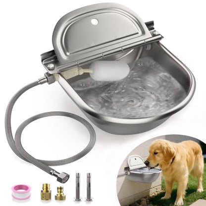 Automatic Animal Drinking Water Bowl with 2 Float Valves-304 Stainless Steel Automatic Water Dispenser for Dogs & Farm Animals, Auto-Refill, Leakproof Drain Hole, Extra Long 100cm Hose