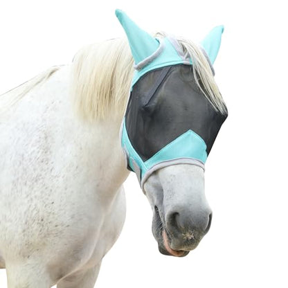 Horse Fly Mask with Ears, Full Face Equine Fly Mask UV Protection - color: Turquoise, size: Cob (Medium)