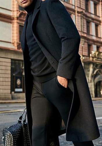 APTRO Men's Luxury Full Length Trench Coat Long Wool Overcoat Winter Windbreaker - color: Black, size: Medium