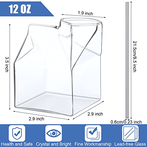 6 Pieces Clear Milk Carton Reusable Glass Container with 6 Stainless Steel Straws 12 oz Glass Milk Bottle Mini Creamer Pitcher Milk Carton Cup Hand Blown Box for Cocktail Juice Coffee Hot Water Coffee