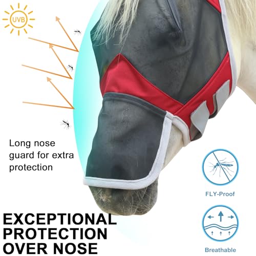 Horse Fly Mask with Ears & Long Nose, Fine Mesh Red Full - color: Red, size: Full