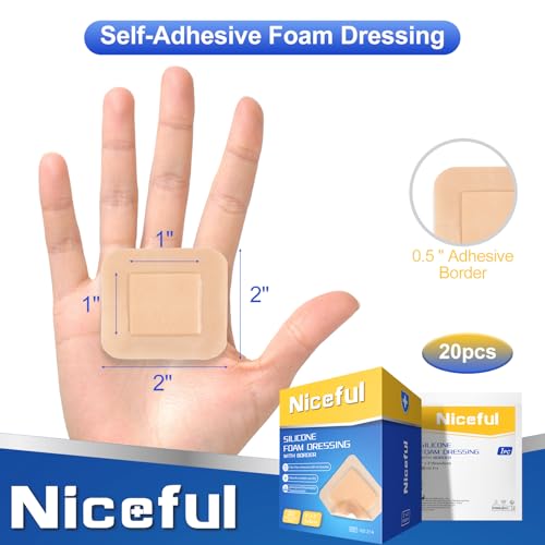 Niceful Silicone Foam Dressing Gentle Border 2"x2" 20 Count, Extra Hold | Gentle Border Foam Bandage, 5-Layer Absorption, Waterproof Pain-Free Removal, Cuts & Mild Burns, 20 Individually Wrapped - size: 2x2 Inch (20 Pcs)