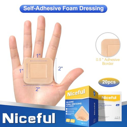 Niceful Silicone Foam Dressing Gentle Border 2"x2" 20 Count, Extra Hold | Gentle Border Foam Bandage, 5-Layer Absorption, Waterproof Pain-Free Removal, Cuts & Mild Burns, 20 Individually Wrapped - size: 2x2 Inch (20 Pcs)