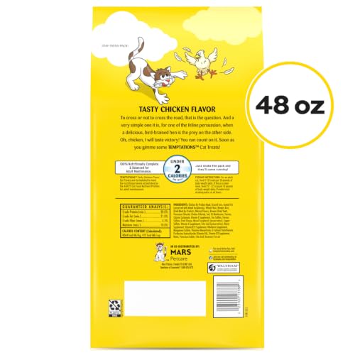 Temptations Classic Crunchy and Soft Cat Treats, Tasty Chicken, 48 oz | 100% complete & balanced for adult cats, under 2 calories per treat, use as meal or food topper, stay-fresh tub - size: 3 Pound (Pack of 1)