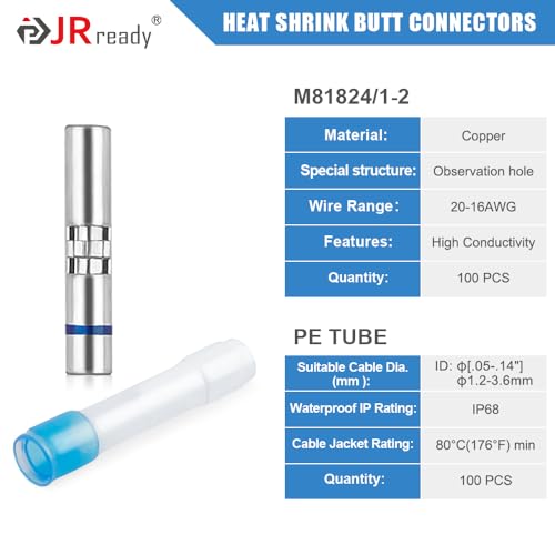 JRready 100 Sets Heat Shrink Butt Connectors IP68 Waterproof Crimp Marine Wire Connrctors PE Insulation Automotive Electrical 16# 16-20AWG Tinned Copper Butt Splices (M81824/1-2) - color: 16# 100 Pairs