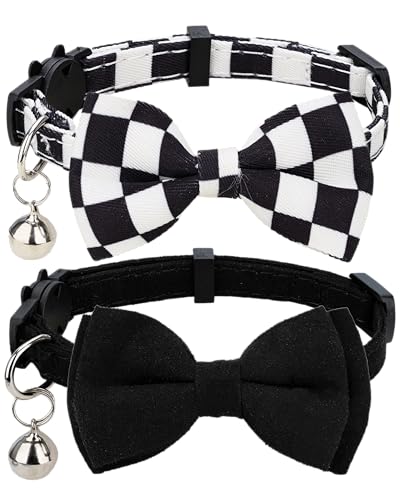Collar for Cat Pet Breakaway with Bell Bowtie Detachable Bow Adjustable Safety Kitten Puppy Girl Boy 2pcs Plaid & Solid-Black - color: Plaid & Solid-Black