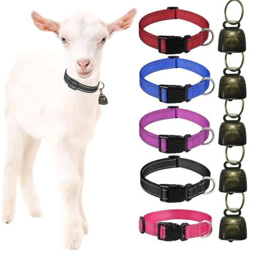 5 Pack Goat Collars Reflective Goat Collars with Grazing Copper Bells and Adjustable Nylon Collar with Anti-Lost Loud Bronze Bell for Farm Animal Goat Sheep Horse Cow(Size:L Neck:16-24") - size: L-Large (Neck 16-24")