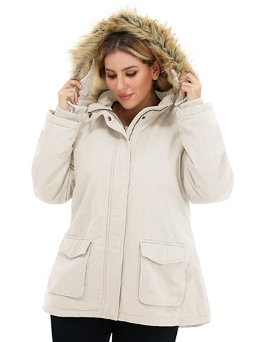 Soularge Women's Winter Plus Size Sherpa Lined Jacket with Hood | Women's Plus Size Workwear Fit,100% Cotton Outer Shell,Soft Fleece Lining,Windproof Stand Collar - color: Beige, size: 1X