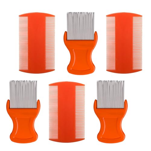 HESSION 6 Pack Flea Lice Combs Removal Dandruff Comb with Metal Teeth Double Sided Fine Combs Metal Teeth Flea Lice Combs for Pets Kids Adults (Orange) - color: Orange