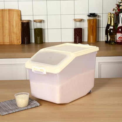 Sunnyray 4 Pcs Rice Storage Container Bulk 27.6 lb Airtight Flour Container with Wheels and Lids Measuring Cup Clear Pet Food Dog Birds Cat Food Bin Grain Cereal Organizer Box(Cream) - color: Cream