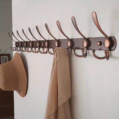 Dseap Coat Rack Wall Mount - 38” Long 10-Tri-Hooks Heavy Duty Coat Hanger Rail Wall Hooks for Hanging Coats Hats Clothing Clothes Purse Mudroom Entryway, Antique Copper, Pack of 2 - color: Antique Copper, size: L=38” (2 Pcs)