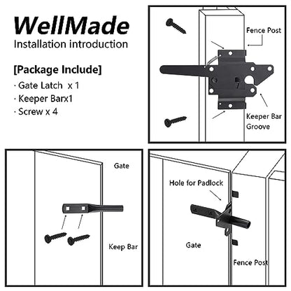 WellMade Heavy Duty Self-Locking Gate Latch for Wooden Fence, Post Mount Automatic Gravity Lever Door Latches for Garden Outdoor/Pool Gate, Metal Gates Vinyl Fence Gate Lock, Black Finish with Screws