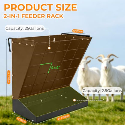 2 in 1 Wall Mount Hay and Grain Feeder, 25 Gallons Livestock Feeder