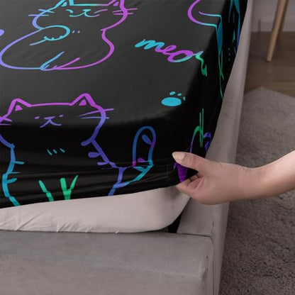 3D Neon Cat Sheets Full Size Bed Set,1 Fitted Sheet+2 Pillowcases. - color: Black, size: Full