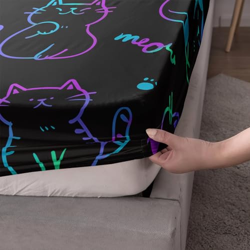 3D Neon Cat Sheets Full Size Bed Set,1 Fitted Sheet+2 Pillowcases. - color: Black, size: Full