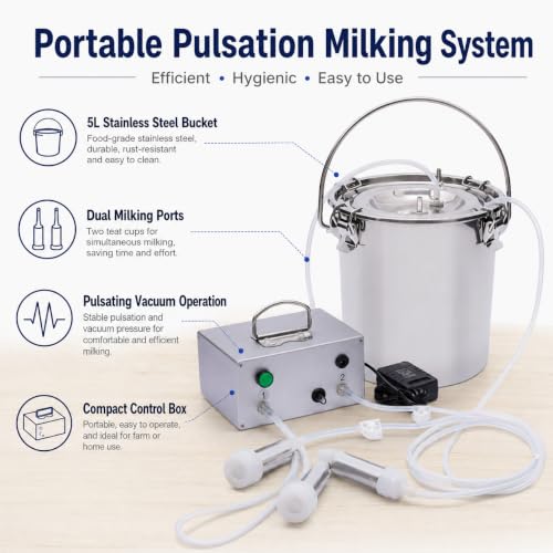 5L Goat Milking Machine with Rechargeable Battery for Milk Cow Home Farm | Portable Electric Speed ,Adjustable Suction Pulsating Vacuum Pump,Stainless Steel Milk Machine Bucke