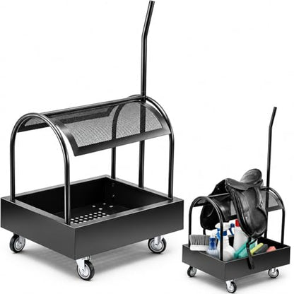 Metal Rolling Saddle Rack Cart with Basket Storage Box Built-in Grooming Organizer Fits Western English Saddles 360° Swivel Wheels Heavy Duty Caster for Tack Room, Bridle, Horse Lovers, Cowboy
