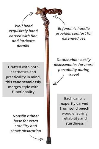 Hand Carved Wooden Walking Cane with Ergonomic Handle and Rubber Tip for Men and Women - Fashionable Unique Walking Stick for Seniors - 37 inch - style: Wolf