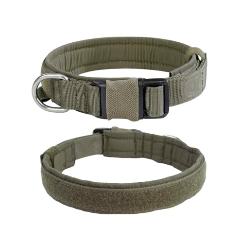 EXCELLENT ELITE SPANKER Tactical Nylon Padded Medium Dog Collar Adjustable | Heavy Duty Military Pet Collar Soft & Lightweight Quick-Release Buckle No-Choke for Medium and Large Breeds with Patches - color: Ranger Green, size: S-(13.2"-17.5")