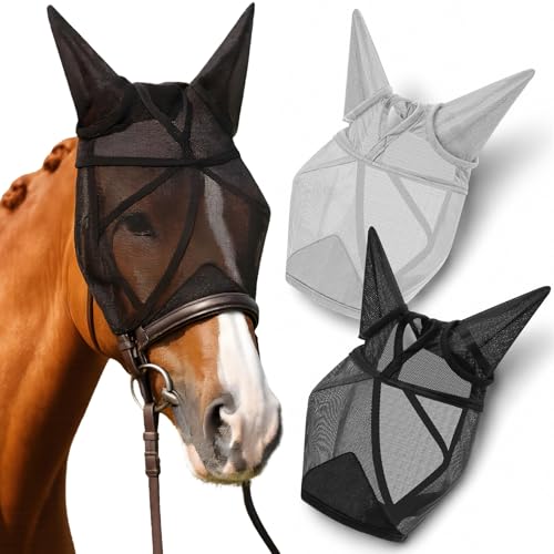 2 Pcs Horse Fly Mask with Ears Adjustable UV Protection Horse Fly Mask Accessories Large Eye Space with Ears for Horses Summer, Black and Gray(M-cob) - size: M-cob