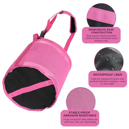 Heavy Duty Durable Waterproof Horse Feed Bag with Adjustable Strap - color: Rose Pink