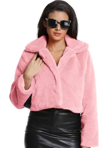 Women's Cropped Faux Fur Jacket with Hidden Pockets and Buttons Plush Shawl Collar Cardigan Sexy Coat - color: Hot Pink, size: Large