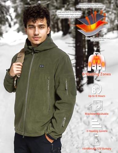 ANTARCTICA GEAR Heated Jacket with 12V 16000mAh Battery Pack, Polar Fleece Coat for Men Women, Fit Zip Hood Winter Jacket - color: Green, size: Small