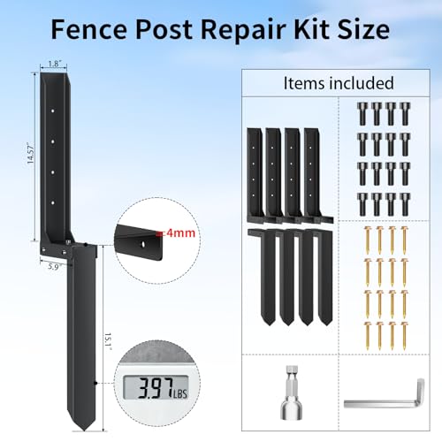 4PCS Fence Post Repair Kit, H-Shaped Anchor Spike for Tilted Wood Post | 8mm Double-Layer, Heavy Duty Steel, for 4x4 Wood Posts, Rust-Proof Coating, Fix Broken/Leaning Fence Posts, DIY Yard Repair